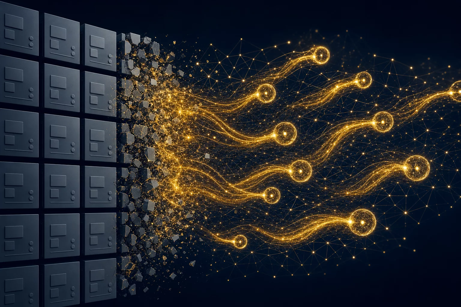 Autonomous software dissolving traditional static SaaS boxes with flowing golden AI agents